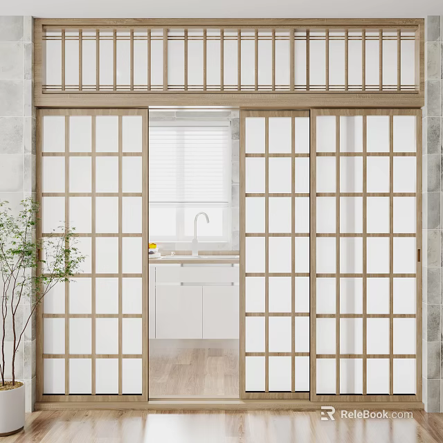 Modern Interior Sliding Doors With Wooden Frame And Grid Glass Design For Kitchen Entry 3d model 