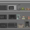 Modern Kitchen Storage Shelves With Various Microwaves Blender Toaster Kettle Dishes And Bottles