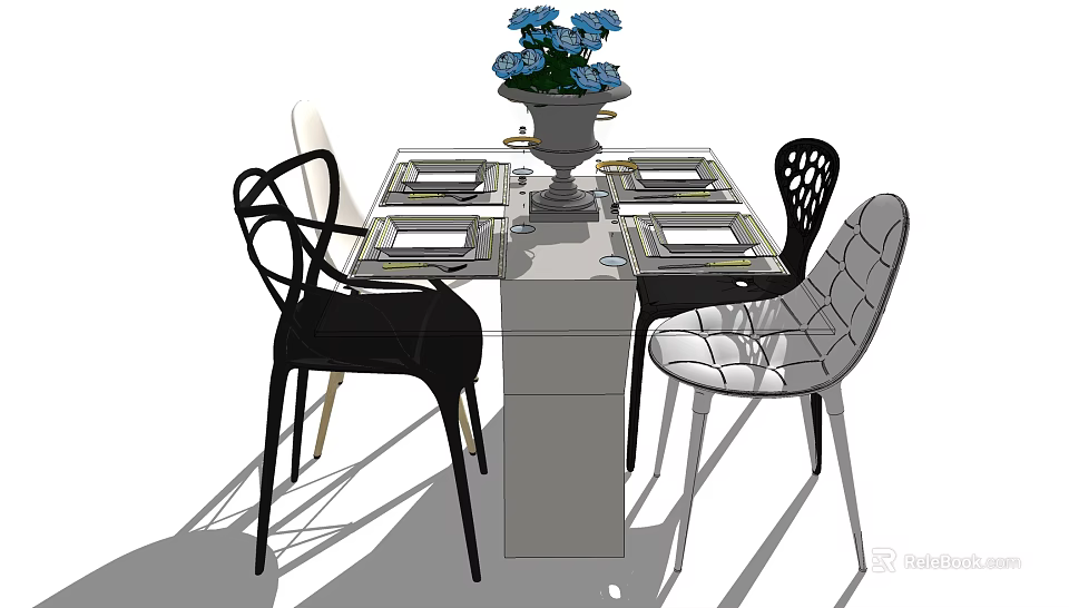 Modern Dining Table Set with Metal Leg Chairs Tableware and Blue Flower Vase 3d model 