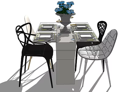 Modern Dining Table Set with Metal Leg Chairs Tableware and Blue Flower Vase 3d model