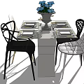 Modern Dining Table Set with Metal Leg Chairs Tableware and Blue Flower Vase