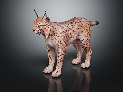 Realistic Wild Lynx with Spotted Fur Standing on Dark Background Showing Reflection 3d model