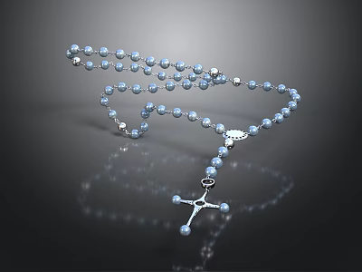 Shiny Blue Rosary Beads With Silver Cross Pendant On Dark Surface 3d model