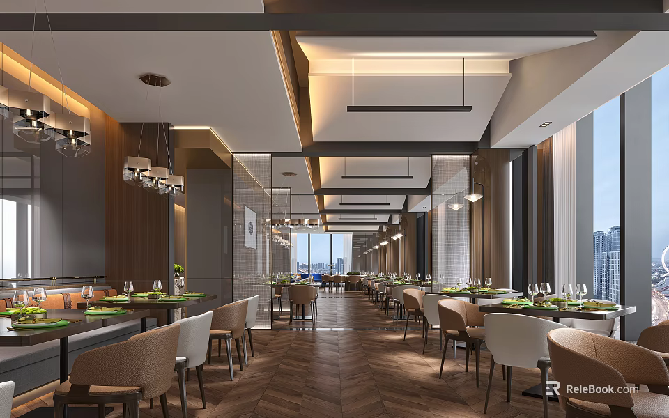 Modern Restaurant Interior With Neat Tables Chairs Hanging Lights Large Windows And City View 3d model 