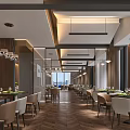 Modern Restaurant Interior With Neat Tables Chairs Hanging Lights Large Windows And City View