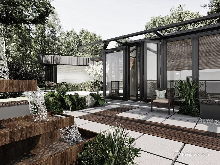 Modern Garden Design With Waterfall Feature Glass Pavilion And Lush Greenery 3d model 