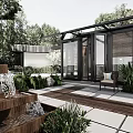 Modern Garden Design With Waterfall Feature Glass Pavilion And Lush Greenery