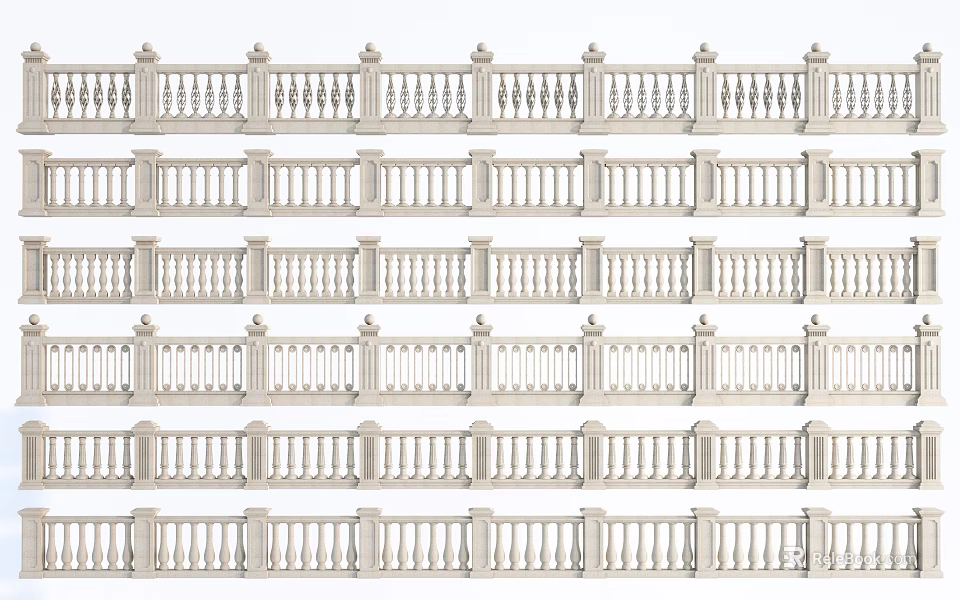 Ornate White Railing Fence Design With Decorative Balusters And Posts 3d model