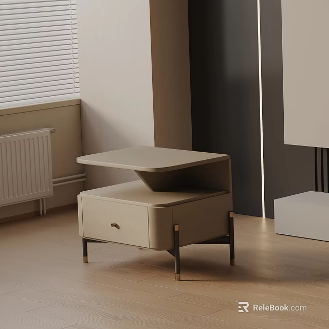 Elegant Modern Beige Bedside Table With Drawer And Metal Legs In Bedroom Setting 3d model 