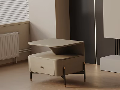 Elegant Modern Beige Bedside Table With Drawer And Metal Legs In Bedroom Setting 3d model