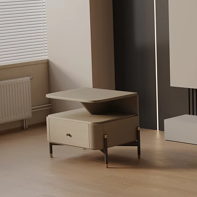 Elegant Modern Beige Bedside Table With Drawer And Metal Legs In Bedroom Setting 3d model