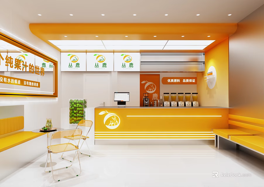 Bubble Tea Shop Interior With Orange Counter And Seating 3d model