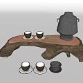 Natural Wood Tea Set with Black Teapot Teacups and White Saucers on Log Tray