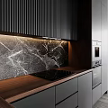 Modern Dark Gray Kitchen With Wooden Countertop Marble Backsplash And Built-in Coffee Machine