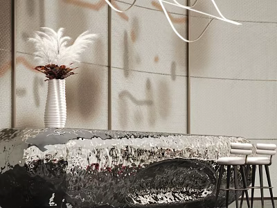 Elegant Reception Desk With White Feather Vase Textured Wall And Modern Hanging Light 3d model
