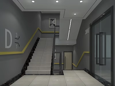 Modern Staircase Hallway Interior With Gray Walls Yellow Accent Stripes Glass Doors And Floor Tiles 3d model