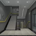 Modern Staircase Hallway Interior With Gray Walls Yellow Accent Stripes Glass Doors And Floor Tiles