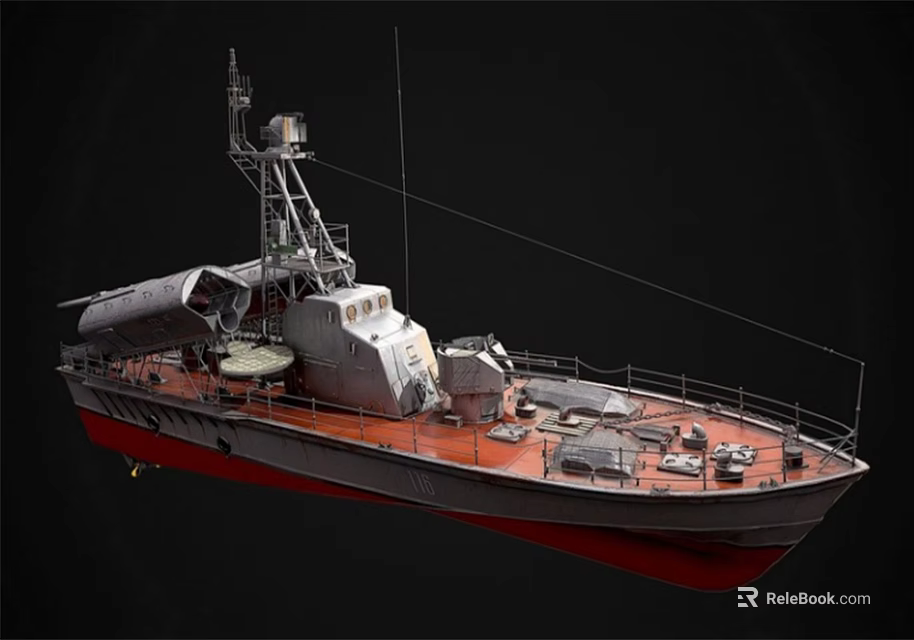 Detailed Warship Model With Red And White Hull Superstructure Antenna And Deck Equipment 3d model 