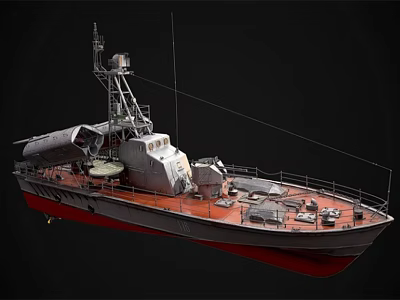Detailed Warship Model With Red And White Hull Superstructure Antenna And Deck Equipment 3d model