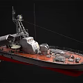 Detailed Warship Model With Red And White Hull Superstructure Antenna And Deck Equipment
