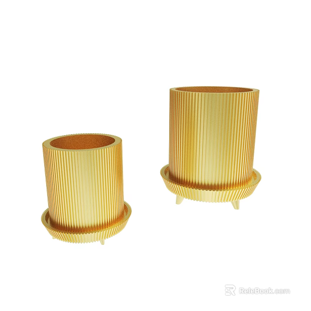 Golden Striped Cylindrical Planters With Decorative Base And Stand For Modern Home Decoration 3d model 