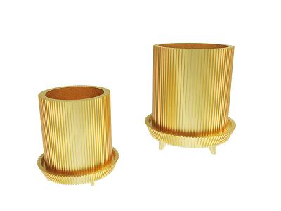 Golden Striped Cylindrical Planters With Decorative Base And Stand For Modern Home Decoration 3d model