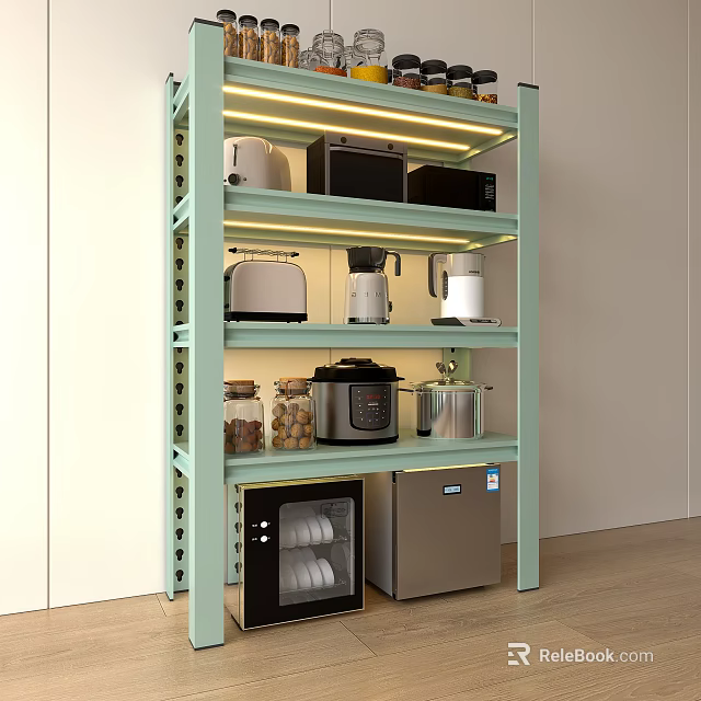 Light Green Storage Shelf with Multiple Shelves Holding Kitchen Appliances Jars and Small Refrigerator 3d model 