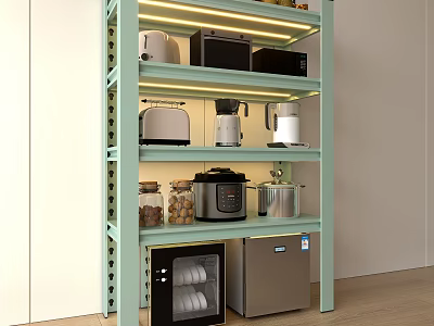 Light Green Storage Shelf with Multiple Shelves Holding Kitchen Appliances Jars and Small Refrigerator 3d model