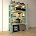 Light Green Storage Shelf with Multiple Shelves Holding Kitchen Appliances Jars and Small Refrigerator