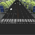 Road Infrastructure With Crosswalk Welcome Green Text Directional Arrows Lane Lines Street Lamps And Trees