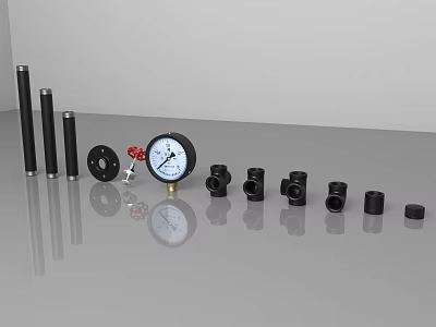 Industrial Equipment Components With Pressure Gauge Black Tubes And Fittings 3d model