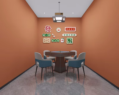 Hotel Mahjong Room Interior Featuring Orange Walls Chandelier Mahjong Table Blue Chairs and Decorations 3d model