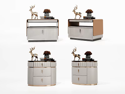 Modern Bedside Tables With White Brown Gold Design Featuring Deer Figurines And Flower Pots 3d model