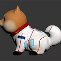 Shiba Inu Toy Wearing White Outfit With Red Collar And Blue Patch On Black Background
