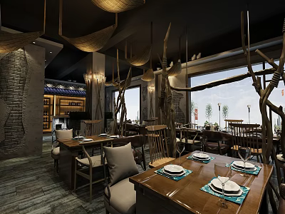 Rustic Restaurant Interior Design With Wooden Tables Chairs Pendant Lights And Natural Decor 3d model