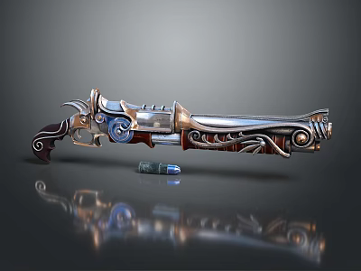 Intricate Ornate Decorative Pistol Featuring Detailed Metallic Design And Ammunition 3d model