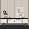 Elegant TV Cabinet with White Gray Design Decorative Vase Red Flowers and Golden Wall Art
