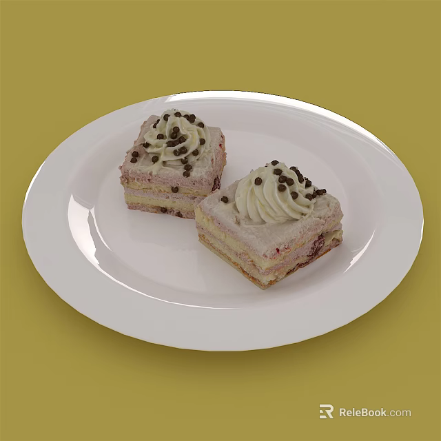 Layered Square Dessert Slices with Cream Topping and Chocolate Sprinkles on White Plate 3d model 