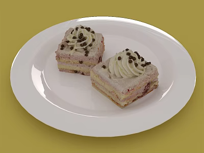 Layered Square Dessert Slices with Cream Topping and Chocolate Sprinkles on White Plate 3d model
