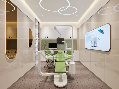 Modern Dental Clinic Interior Featuring Green Treatment Chair Ceiling Lights And Wall Monitor 3d model