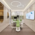 Modern Dental Clinic Interior Featuring Green Treatment Chair Ceiling Lights And Wall Monitor