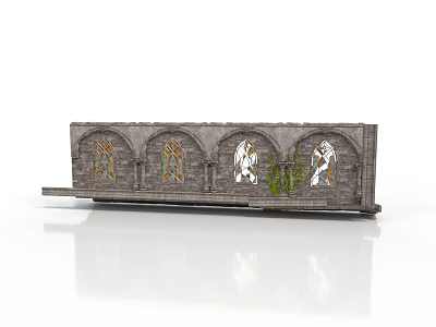 Ornate Stone Building Facade With Arched Stained Glass Windows And Climbing Plants 3d model