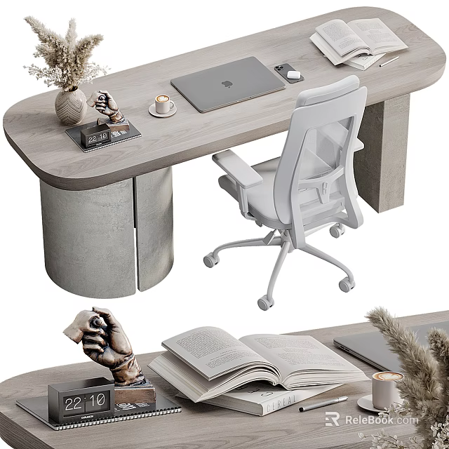 Modern Wooden Desk and Chair Set With Laptop Coffee Cup Decorations and White Chair 3d model 