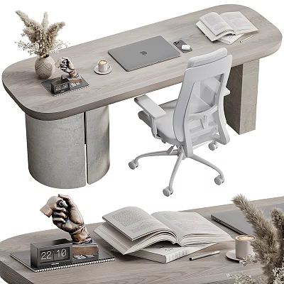 Modern Wooden Desk and Chair Set With Laptop Coffee Cup Decorations and White Chair 3d model