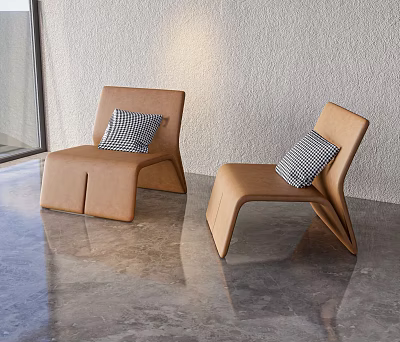 Brown Curved Design Leisure Chairs With Black And White Check Pillows In Modern Bright Room 3d model