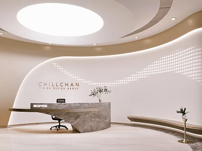 Modern Front Desk Reception With Marble Countertop Circular Ceiling Light And Wavy Wall Design 3d model