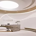 Modern Front Desk Reception With Marble Countertop Circular Ceiling Light And Wavy Wall Design 3d model