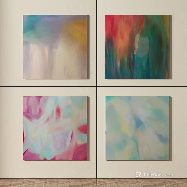 Colorful Abstract Paintings Set of Four Hanging on Wall With Vibrant Hues 3d model 
