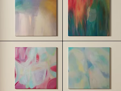Colorful Abstract Paintings Set of Four Hanging on Wall With Vibrant Hues 3d model