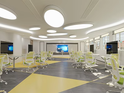 Bright School Classroom With Round Ceiling Lights Desks Chairs Large Screen Windows And Geometric Floor 3d model
